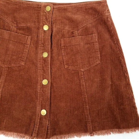 Mittoshop Corduroy Mini Skirt NEW Brown Button Front Size L Pockets Frayed Hem - Picture 9 of 9